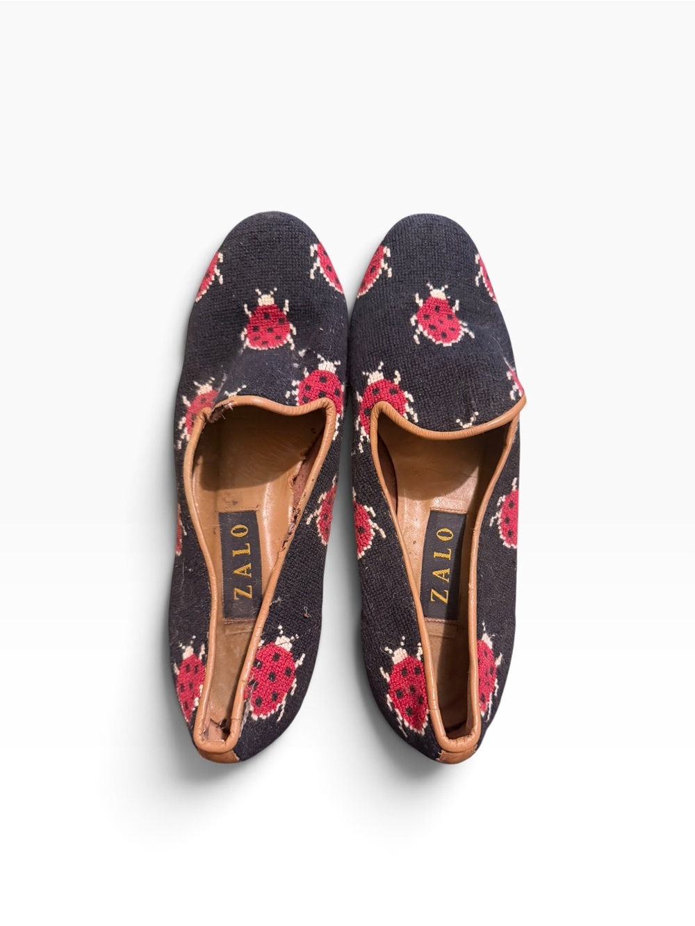 Zalo needlepoint Embroidered Ladybug Loafer shoes size 8 Flawed